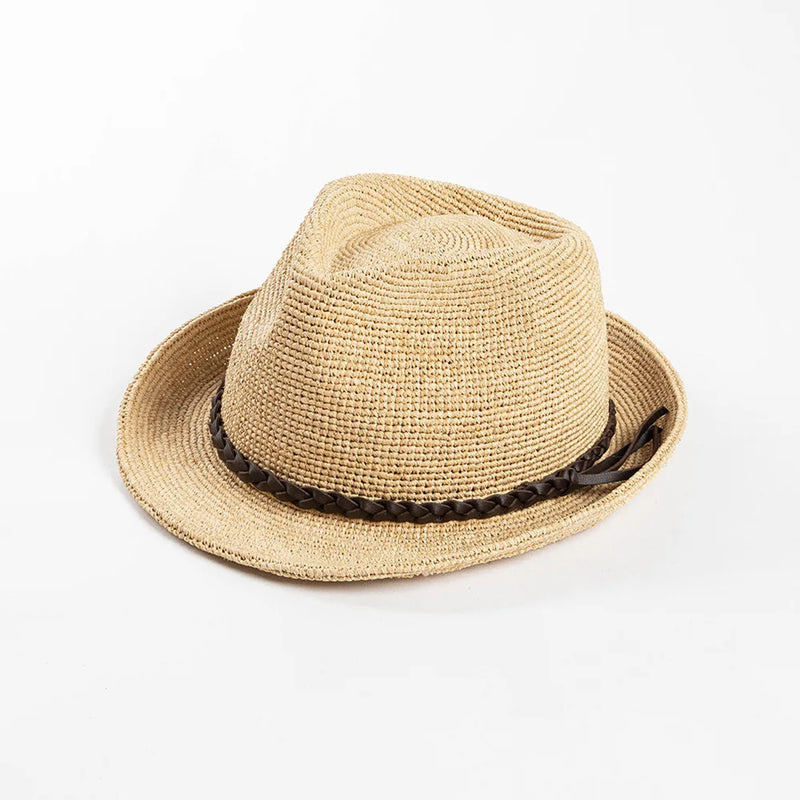 Casual Crochet Braid Trim Roll-Up Brim Sun Hat Short Brim Straw Jazz Fedoras