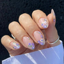 24Pcs Short Almond False Nails Press on Simple Pink French Flower Design Nails Shiny Nails Tips