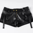 Leather Shorts Black High Waist Zipper Pocket Design Shorts Women