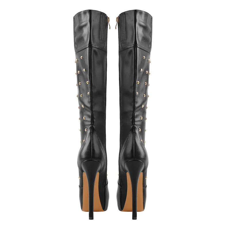 Women Platform Boots  Round Toe Zipper Knee High High Heel Rivet Handmade Boots