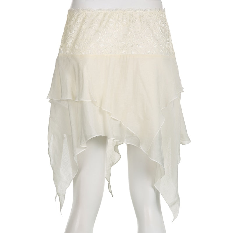 Boho Frill Low Waist Mesh Skirt Women Vintage Outfits Irregular Summer Mini Skirts Lace Trim Vacation