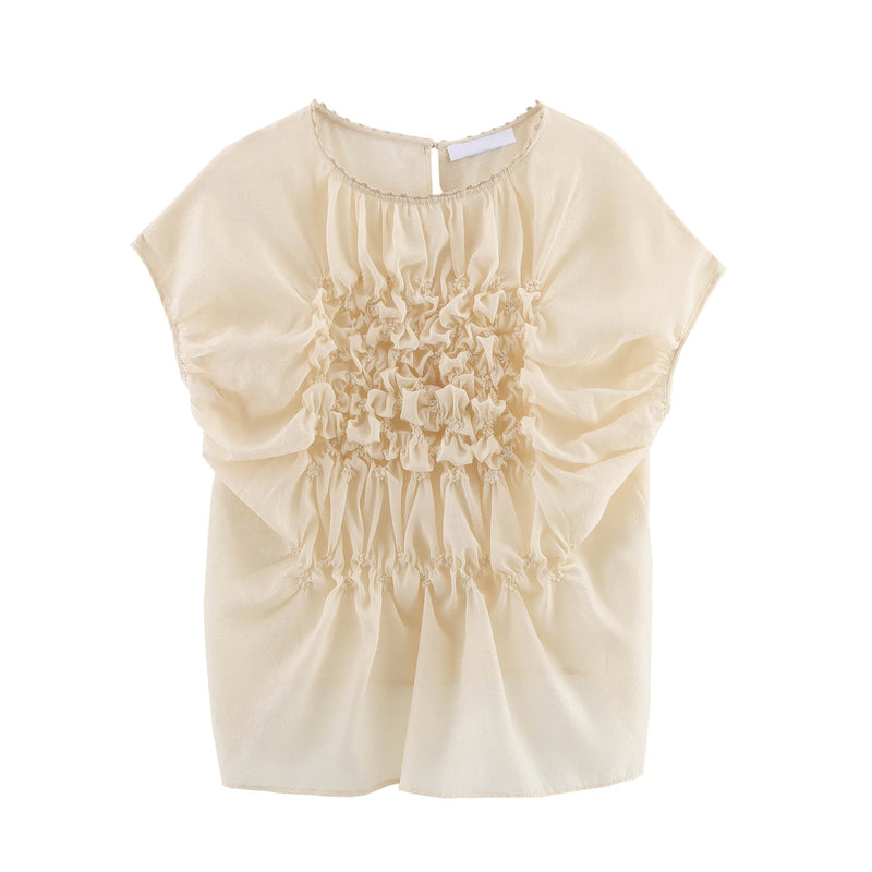 Women Cap Sleeves Raised Floral Embroidery Shirt Openings Lace Up Back Summer Blouse Tops