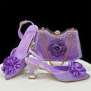 Elegant Green Handbag & Medium Heel Shoe Set with Exquisite Handmade Floral Accents