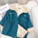 Winter Girls Mid-length Parka Slim Cotton Jacket Velvet Thick Cotton-padded Coats Children Girls Lapel Outerwear