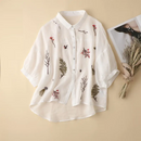 Summer Solid Collar Cotton Three Quarter Shirt Women Vintage Embroidered Loose Casual Puff Sleeve Tops