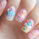 Nails with cake and ice cream design, featuring colorful decorations on a light background, Obroi