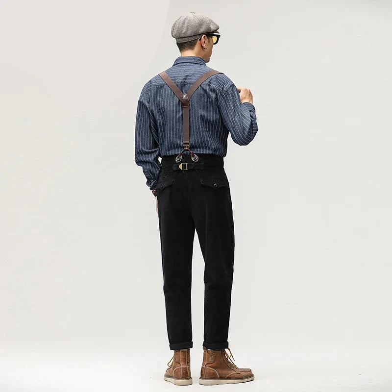 Retro Men Pants Loose Casual Corduroy Straight Autumn Male Solid Color Straps Jumpsuits