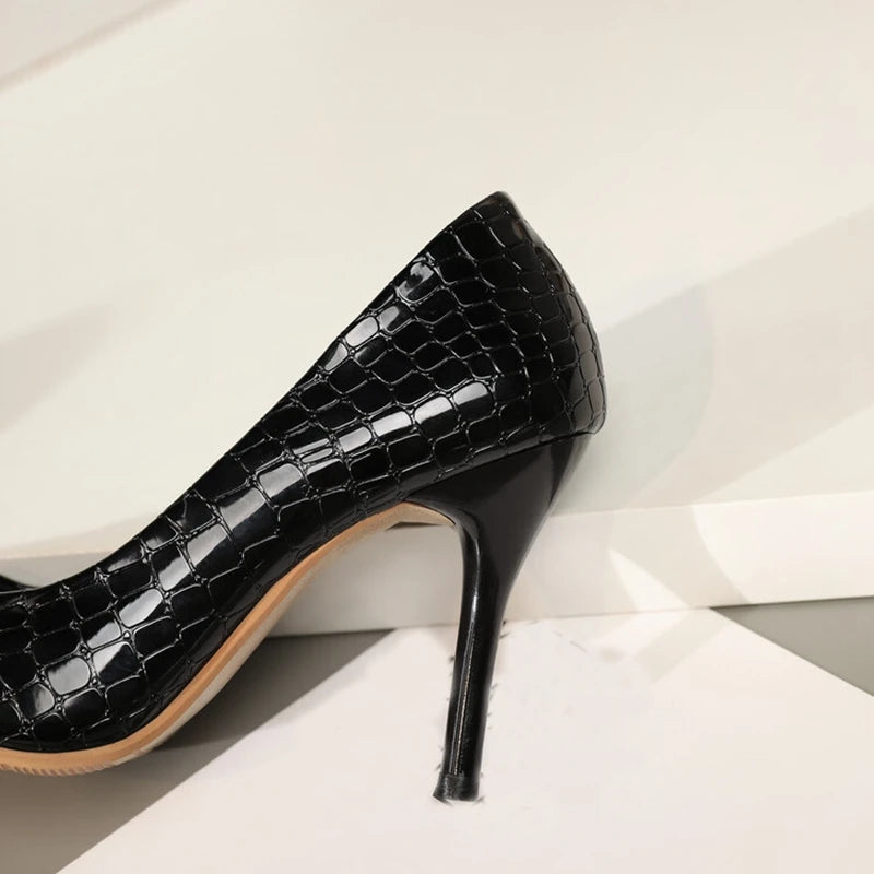 Women Pumps Pointed Toe Thin High Heels Slip-On Plaid Solid Black White Office Spring