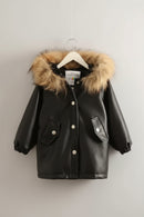 Black leather jacket with fur hood on a white hanger against a white background, Obroi