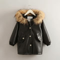Black leather jacket with fur hood on a hanger against a light gray background, Obroi