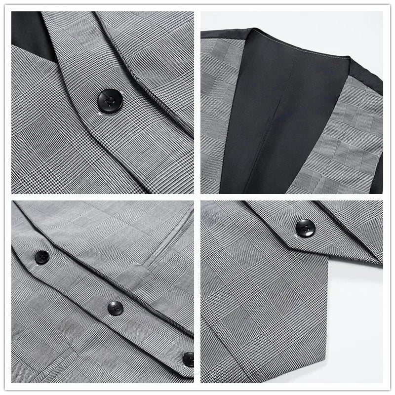 Vintage Suits Vest Waist Coat Men Formal Plaid V-neck Business Mens Vest Jacket