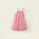 A pink sleeveless tulle dress with bow straps and a sparkly texture, displayed against a light beige background with decorative text overlays, Obroi