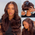 A three-panel collage showing a woman wearing a long, wavy brown wig. The left panel shows a front-facing view of the wig with soft curls and a center part, Obroi