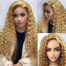 Collage of a woman with blonde curly hair and a mannequin head wearing the same wig, Obroi