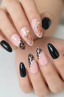 Nails with floral, leopard print, and pearl designs on a neutral background ,Obroi