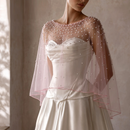 Pearl Beaded Tulle Bridal Cape Short Wedding Shawl Sheer Pink Bolero Cover Up For Wedding Dress