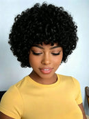 Short Pixie Human Hair Curly Wigs Natural Black Wig With Bangs for Women Wig