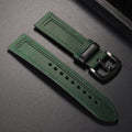 Green leather watch strap with black buckle on a dark gray background ,Obroi