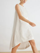 Linen Elegant Party Dresses For Women Casual Sleeveless Asymmetric Back Button Women Summer Dress Boho Dress