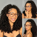 A three-panel collage showing a woman modeling a voluminous, curly black wig. The left panel shows a front-facing view of the wig with large brown-framed glasses, and the right panels show side and back views of the wig against a neutral gray background, Obroi