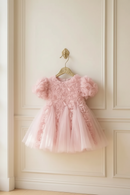 Pink lace dress hanging on a gold hanger against a beige paneled wall, Obroi