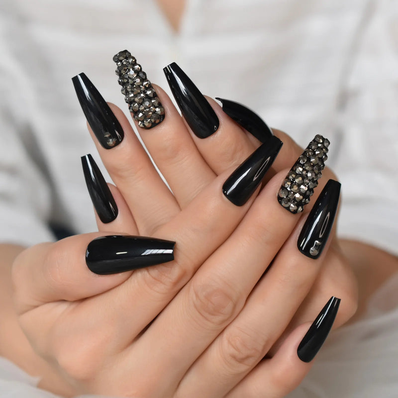 Metallic Stone Faux Ongles Gray Rhinestones Decorative Extra Long Ballerina Designed Tips for Lady