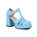 T-Strap Metal Square Buckle Narrow Hollowed Out Women Sandals Platform Heel Sandals