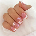 24Pcs Short Ballet Nails with Jelly Glue Green Summer Flowers French Wearable Manicure Glitter Nail Tips Art