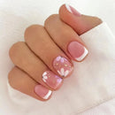24Pcs Short Ballet Nails with Jelly Glue Green Summer Flowers French Wearable Manicure Glitter Nail Tips Art