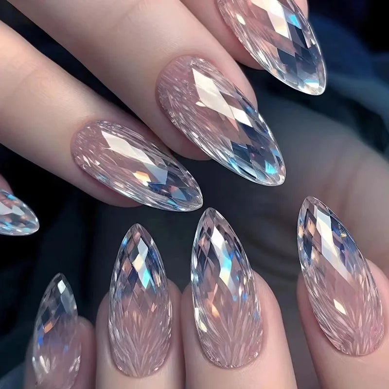 24pcs Purple Crystal Decor False Nails Irregular Crystal Almond Press on Nails Wearable Detachable Ins