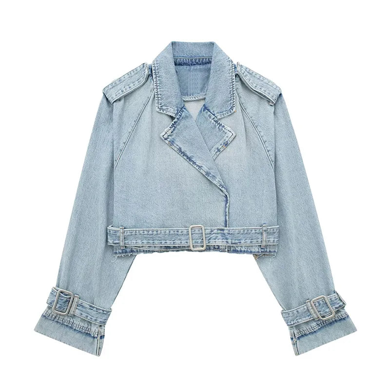 Women With Belt Short Denim Trench Coat Vintage Long Sleeve Lapel Collar Female Crop Outerwear