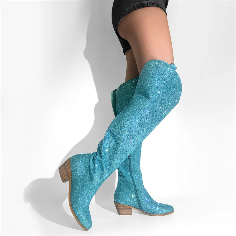 Women Pointed Toe Blue Rhinestone Over The Knee Boots Heel Handmade Female Bling Boots