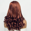 Brown wig with curly ends on a mannequin head against a white background, Obroi