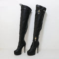 Black knee-high boots with high heels and decorative laces on a white background, branded 'Obroi'.