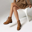 Women Ankle Boots Round Toe Block Heels 3.5cm Zipper Lace Up Female Bota