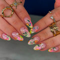 24pcs Almond Shaped Nails Gold Foil Blue Flower Press On Nails Full Cover False Nail For Girl