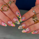 24pcs Almond Shaped Nails Gold Foil Blue Flower Press On Nails Full Cover False Nail For Girl