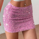 Pink sequin skirt worn by a person on a neutral background, Obroi