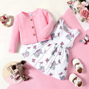 Baby Girl Clothing Set Pink Long-sleeve Cardigan with Cartoon Elephant and Butterfly Sleeveless Dress Set