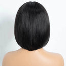 A short, straight black bob wig displayed on a mannequin head from the back against a plain white background, Obroi