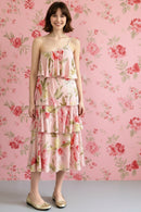 Summer Women Pink Floral One Single Shoulder Sling Dress Cascade Ruffles Hem Long Dresses Holiday