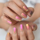 Close-up of hands with colorful, reflective nail polish on a blurred background,Obroi