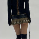 Vintage Punk Belt Low Rise Pleated Skirt Women Hottie Super Short Eyelet Party Summer Skirts 90s Mini