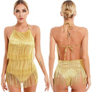 Womens Latin Samba Dance Costume Lace-up Halter Tassel Bodysuit Backless Fringed Jumpsuit Party Dancewear