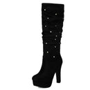Black knee-high boot with platform sole and decorative buttons on a white background, Obroi