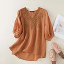 Women Solid Tops Summer Casual Blouse Embroidery Stitching Tunic Oversize Half Sleeve Shirts Femme