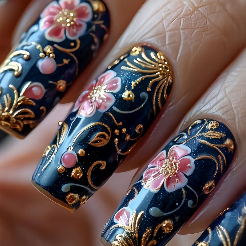 24pcs Red Coffin False Nails Art Press on Mid-length Ballet Nails Flower Full Cover Nail Tips Datachable Fashion Fake Nail Sets