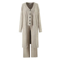 Beige long cardigan with matching pants on a white background, Obroi