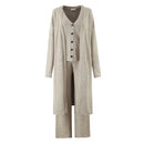 Beige long cardigan with matching pants on a white background, Obroi