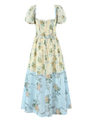 Women Sweet Floral Chic Puff Sleeve Midi Dress French Square Collar Slim Dresses